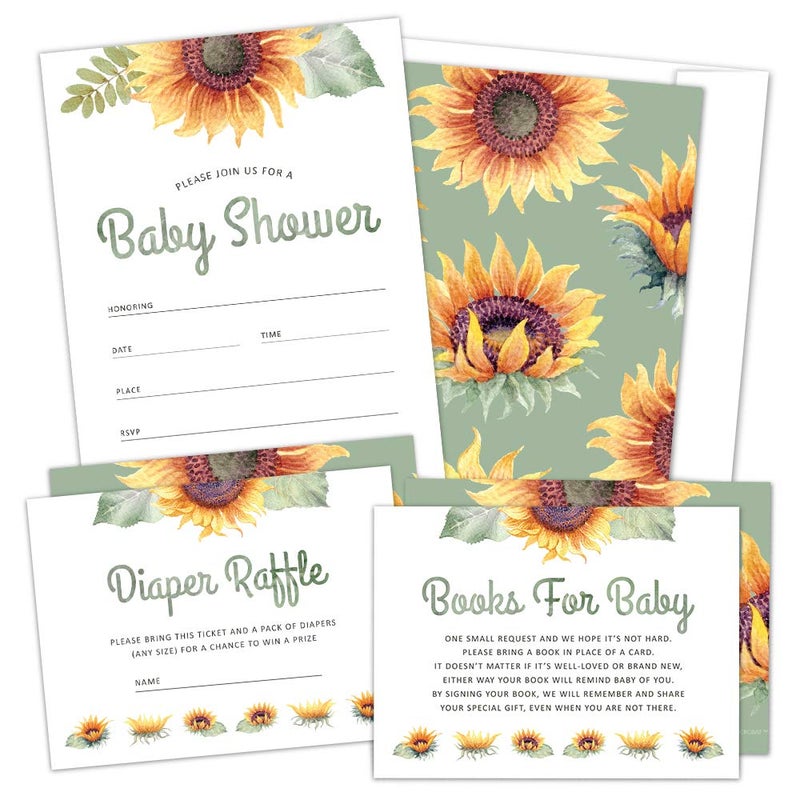 Hat Acrobat Set of 25 Sunflower Baby Shower Invitations for Girl - Baby Girl Shower Invitations with Envelopes, Diaper Raffle Tickets & Book Request Cards - Sunflower Theme Baby Shower Invitations Girl 25 Count - Image 1